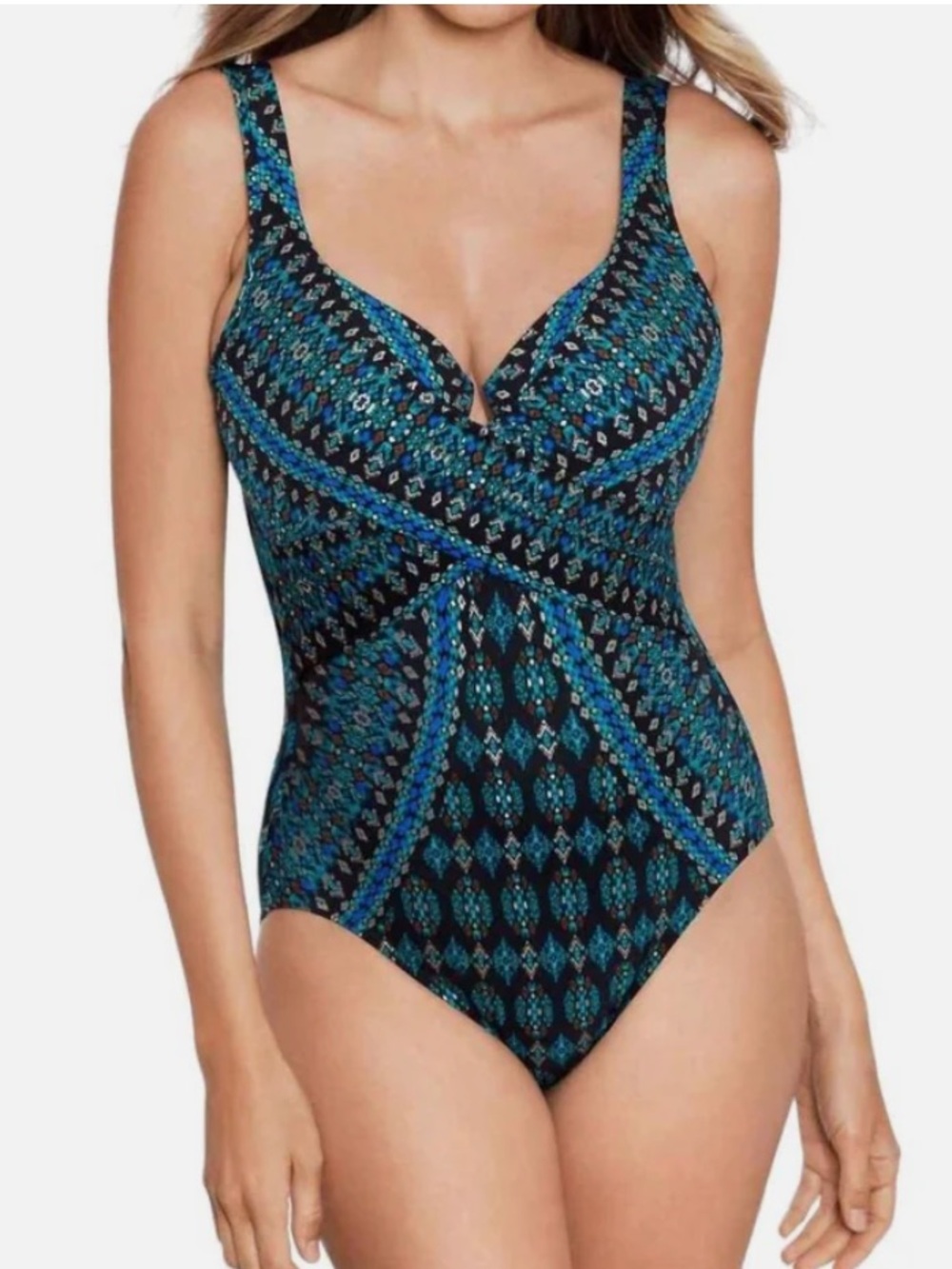 NWT Miraclesuit Amara cross cross escape one piece swimsuit black multi size 8